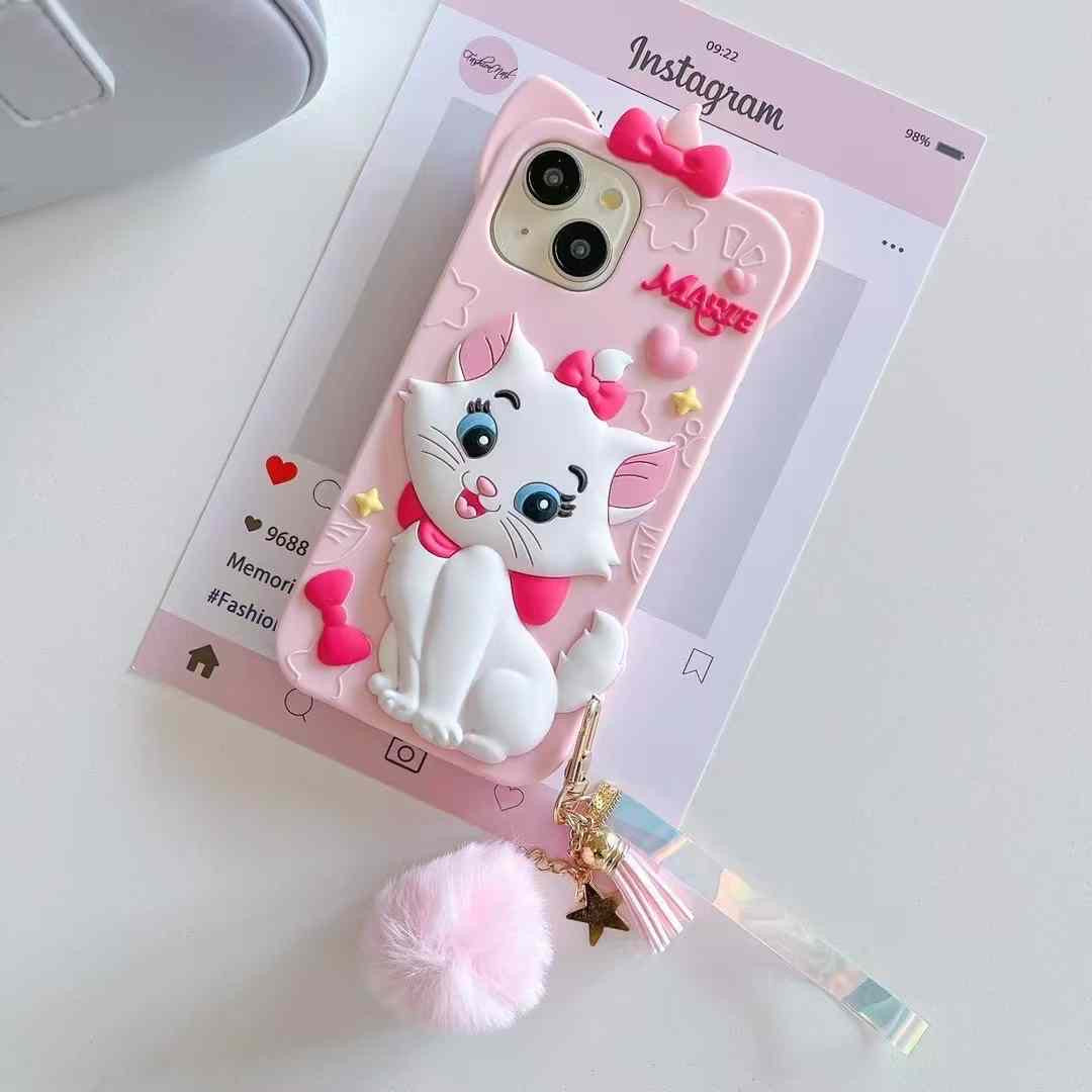 Disney Marie Cat With Fur Charm Silicon Phone Cases For iPhone