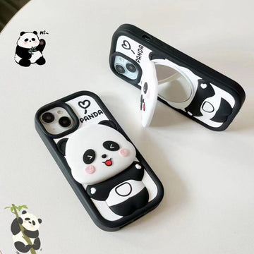 Cute Panda With Mirror Stand Silicon Phone Case For iPhone