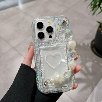 Decorative Bow Glitter Heart With Heart Chain Silicon Phone Cases For iPhone