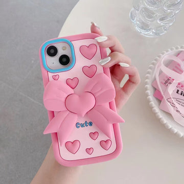 Pink Heart With Bow Stand Silicon Phone Cases For iPhone