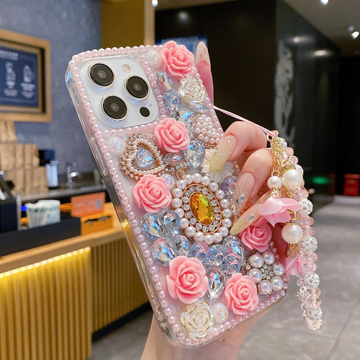 Crystal Rhinestone Pearl Love Rose Wristband Bracelet Case For iPhone