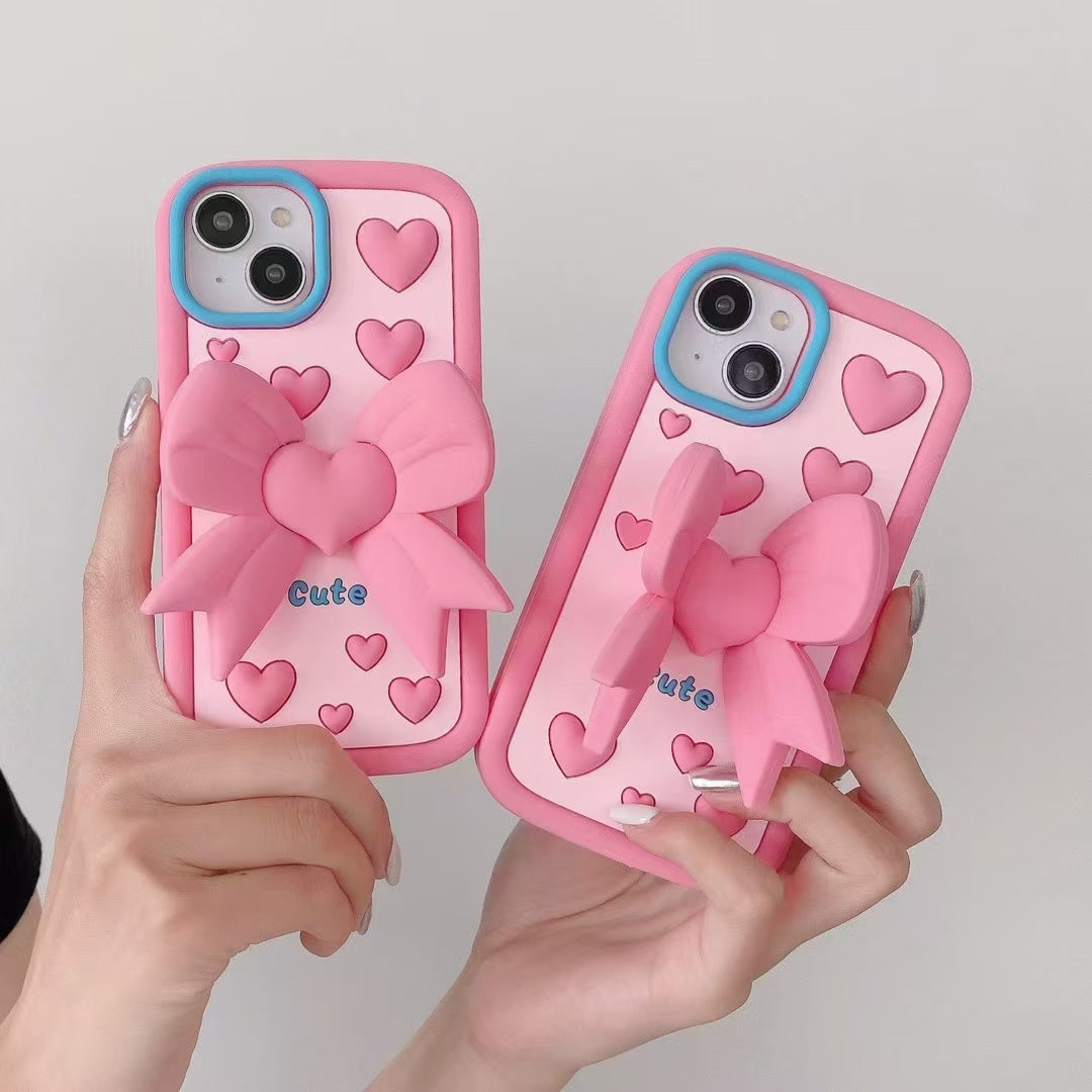 Pink Heart With Bow Stand Silicon Phone Cases For iPhone