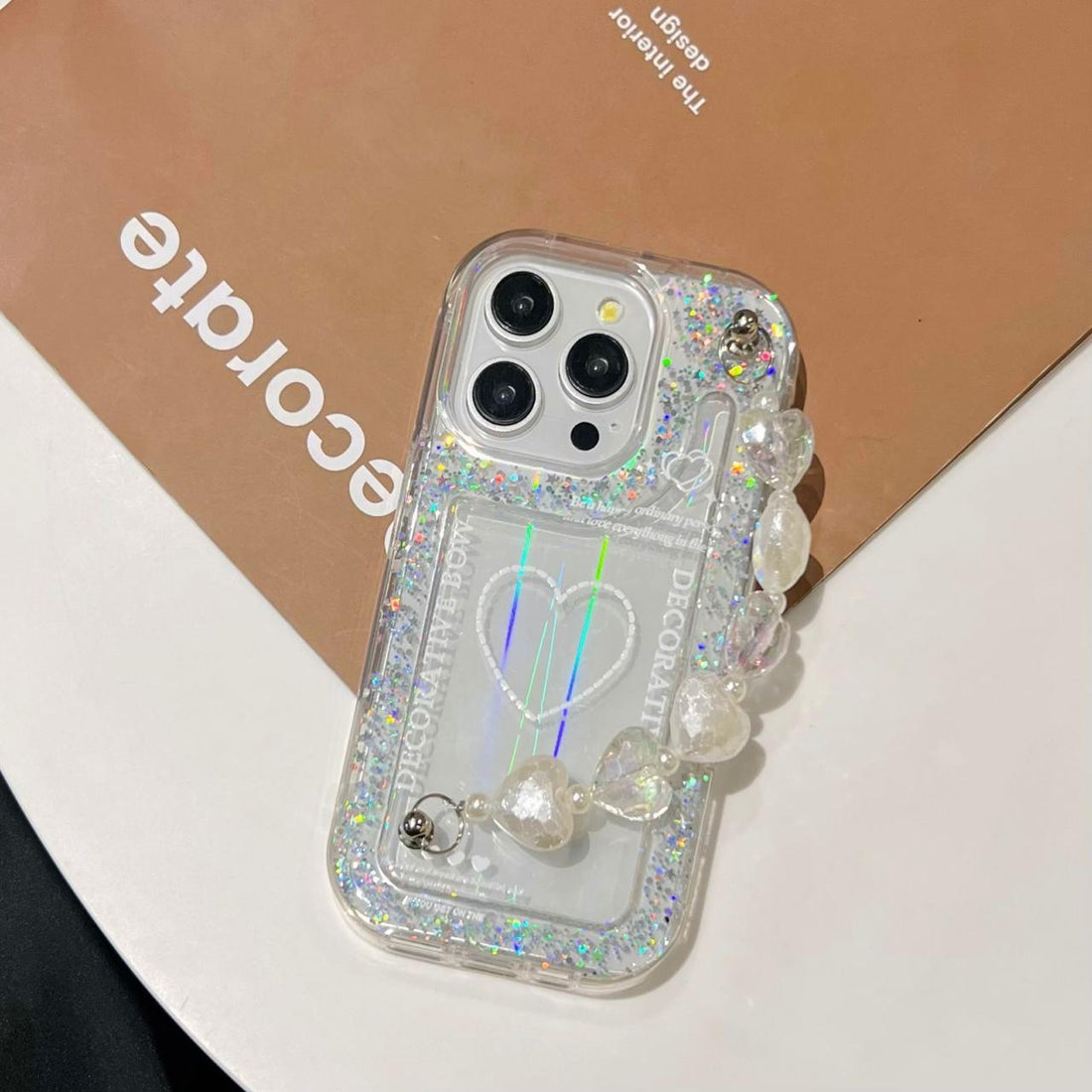 Decorative Bow Glitter Heart With Heart Chain Silicon Phone Cases For iPhone