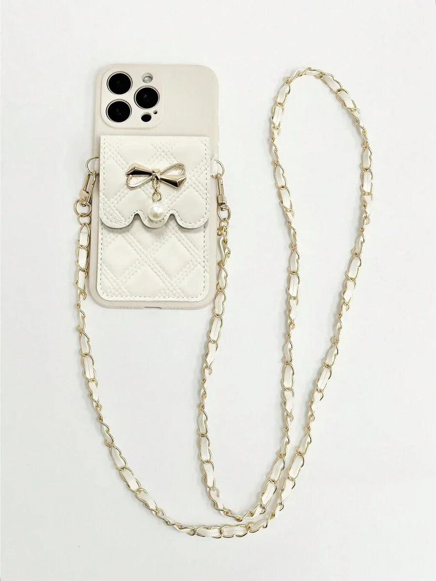 Bow Pearl Crossbody Bag, Solid Color Straight-Edge Beige Color Minimalist Anti-Drop Thick Phone Protective Case With Print, Compatible With IPhone