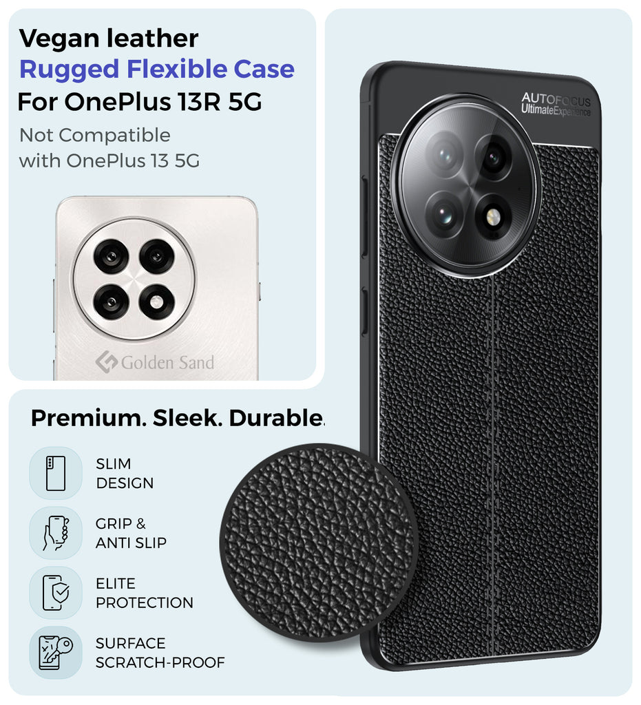 Vegan Leather Rugged Flexible TPU Series Shockproof Armor Back Cover for OnePlus 13R 5G, 6.78 inch, Black