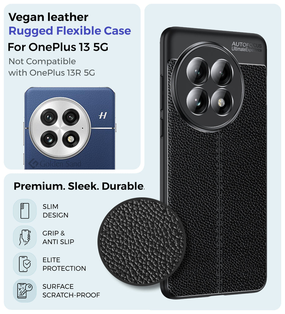 Vegan Leather Rugged Flexible TPU Series Shockproof Armor Back Cover for OnePlus 13 5G, 6.82 inch, Black