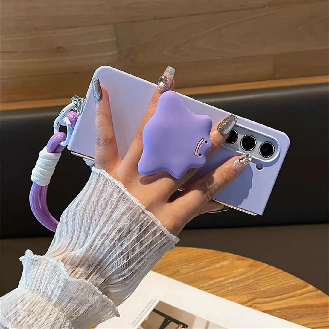 Korean Style Cute Funny Purple Ghost Phone Holder Case with Lanyard for Galaxy Z Fold