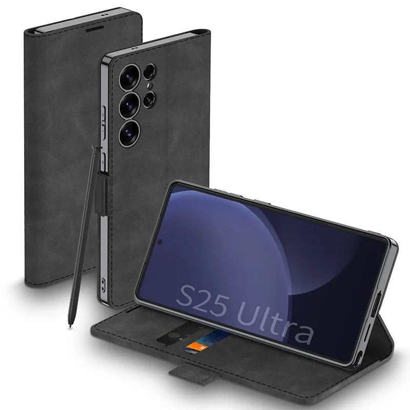 Luxury Magnetic Plating Frosted Leather Flip Wallet Case with Stand for Samsung Galaxy